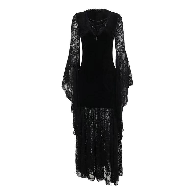 Bell Sleeve V-Neck Plain Beaded Chain Velvet Panel Lace Maxi Sheath Dress Product Image