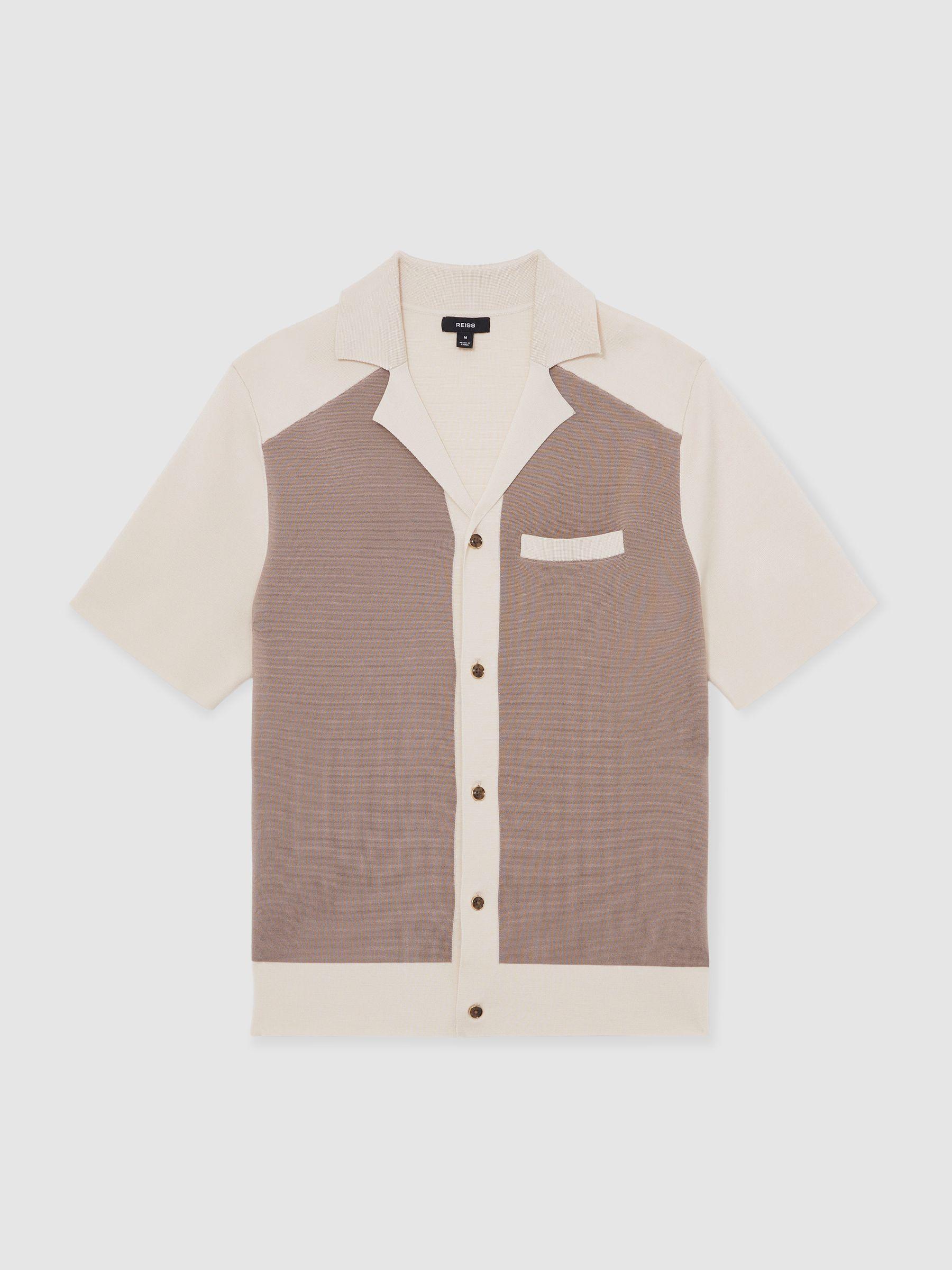 Colour-Block Cuban-Collar Knit Shirt in Taupe Brown/Light Stone Product Image