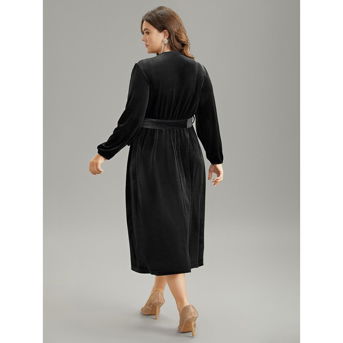 Plus Size Solid Velvet Belted Wrap Arc Hem Dress Black Women Elegant Elastic cuffs Overlap Collar Long Sleeve Curvy Midi Dress BloomChic 18-20/2X Product Image