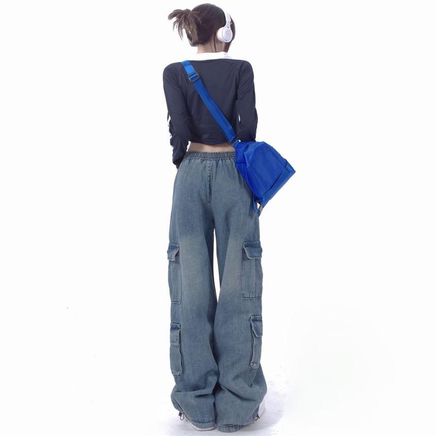 Mid Rise Drawstring Waist Washed Wide Leg Cargo Jeans Product Image