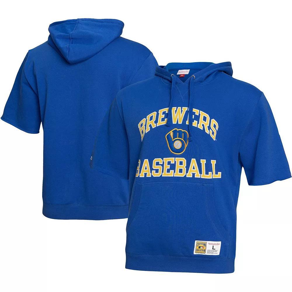 Men's Mitchell & Ness Royal Milwaukee Brewers Cooperstown Collection Washed Fleece Pullover Short Sleeve Hoodie, Size: Large, Blue Product Image