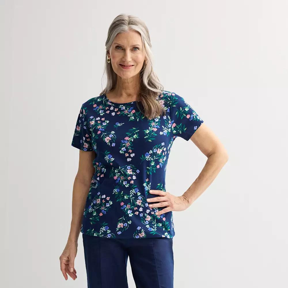 Petite Croft & Barrow® Essential Crewneck Tee, Women's, Size: Medium Petite, Blue Team Floral Product Image