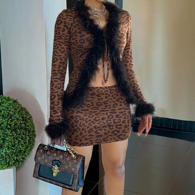 Set: Long Sleeve Leopard Print V-Neck Fluffy Trim Cardigan + Leopard Print Mini Skirt Product Image