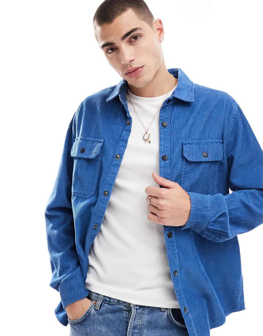 ASOS DESIGN cord overshirt with snaps in blue Product Image