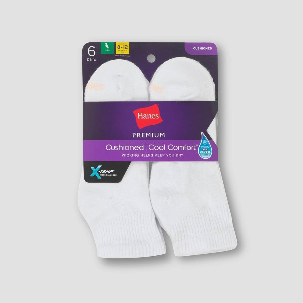 Hanes Premium Womens 6pk Cushioned Ankle Socks - White 8-12 Product Image