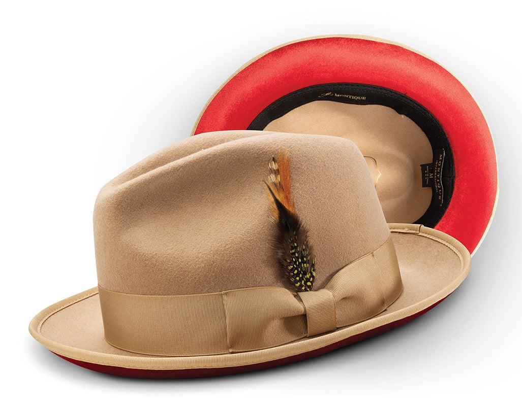 2 ¼" Brim Wool Felt Dress Hat with Feather Accent Tan with Red Bottom Product Image