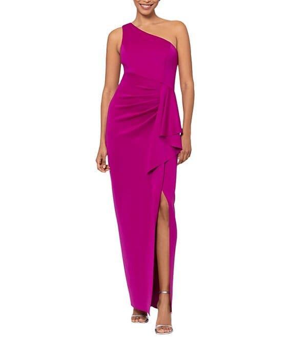 Xscape Scuba One Shoulder Sleeveless Side Pleated Ruffle Sheath Gown Product Image