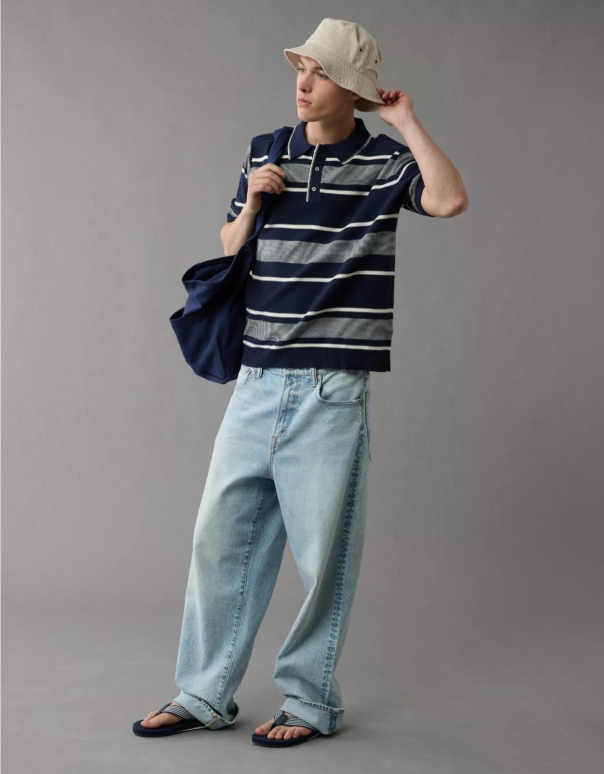 AE Weekend Jersey Striped Sweater Polo Shirt Product Image