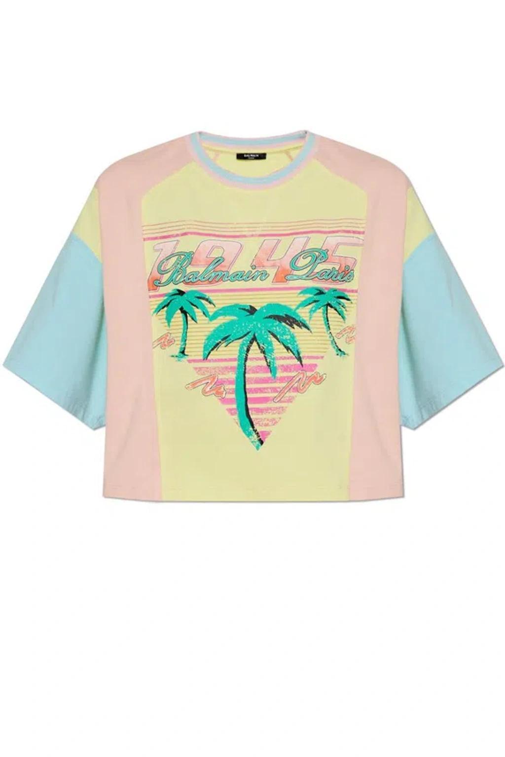 BALMAIN Palm Tree-print Cropped T-shirt In Multi Product Image