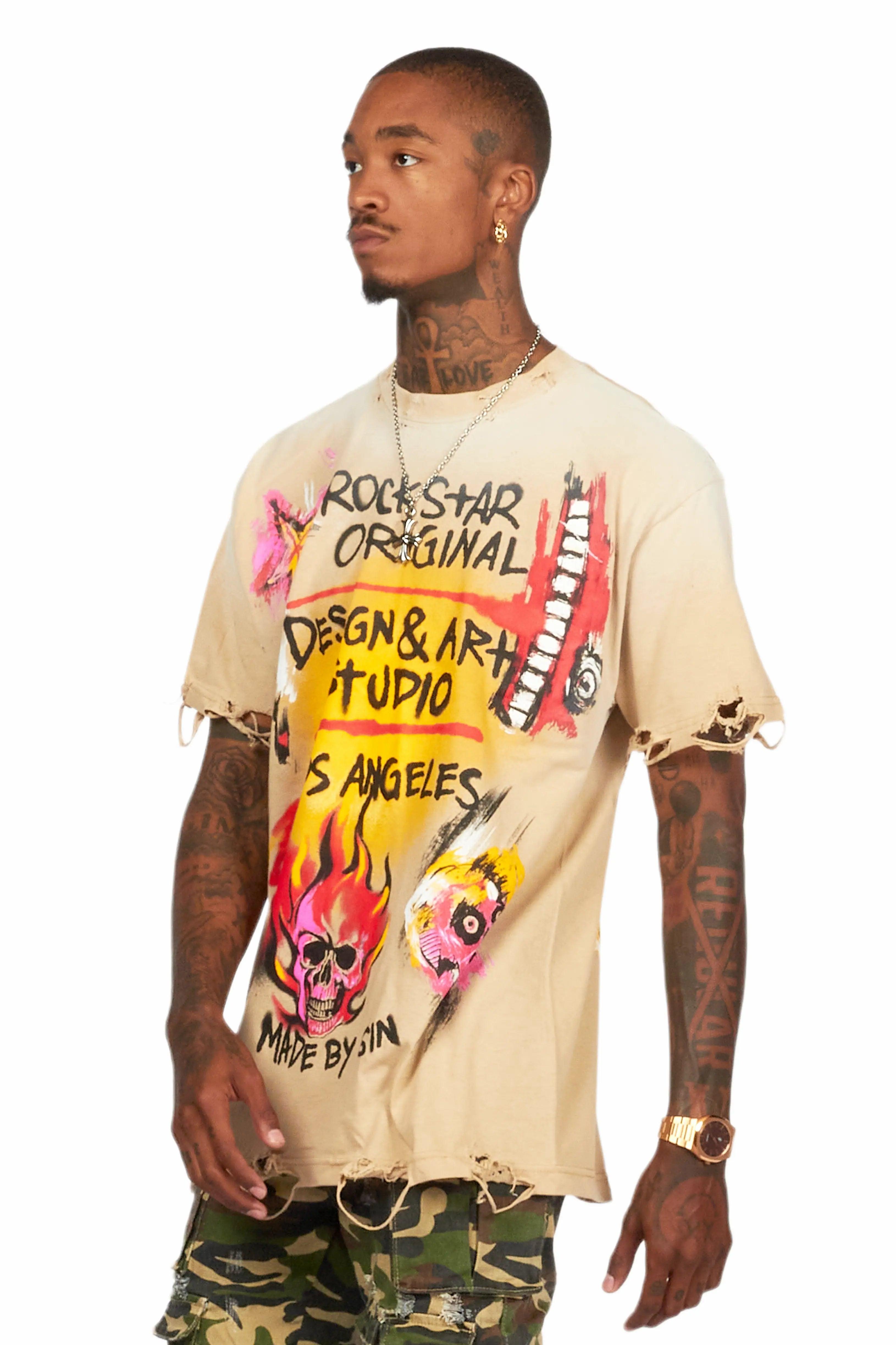 Soweto Beige Oversized Graphic T-Shirt Male Product Image