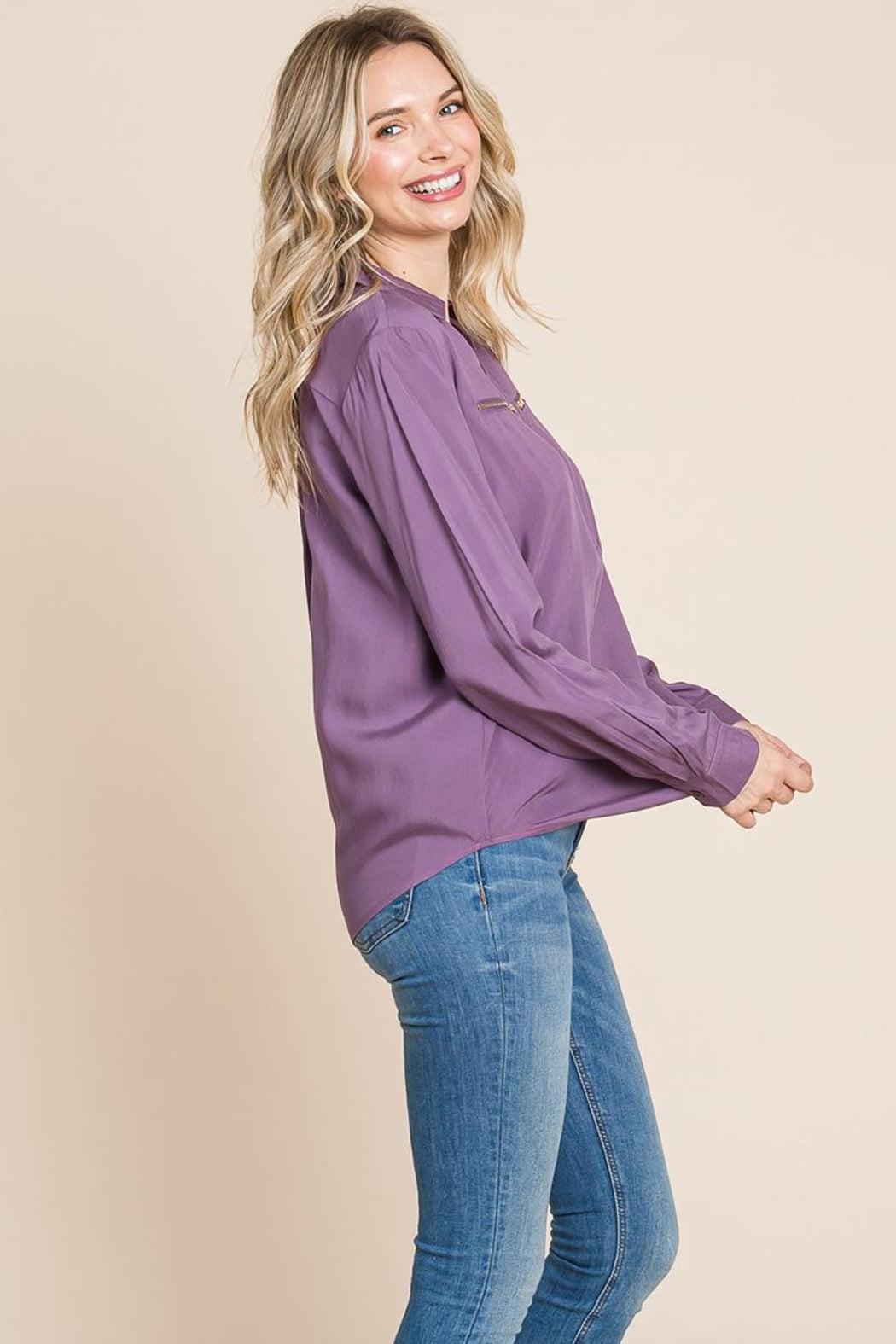 V Neck Front Zip Up Long Sleeve Top Female Product Image