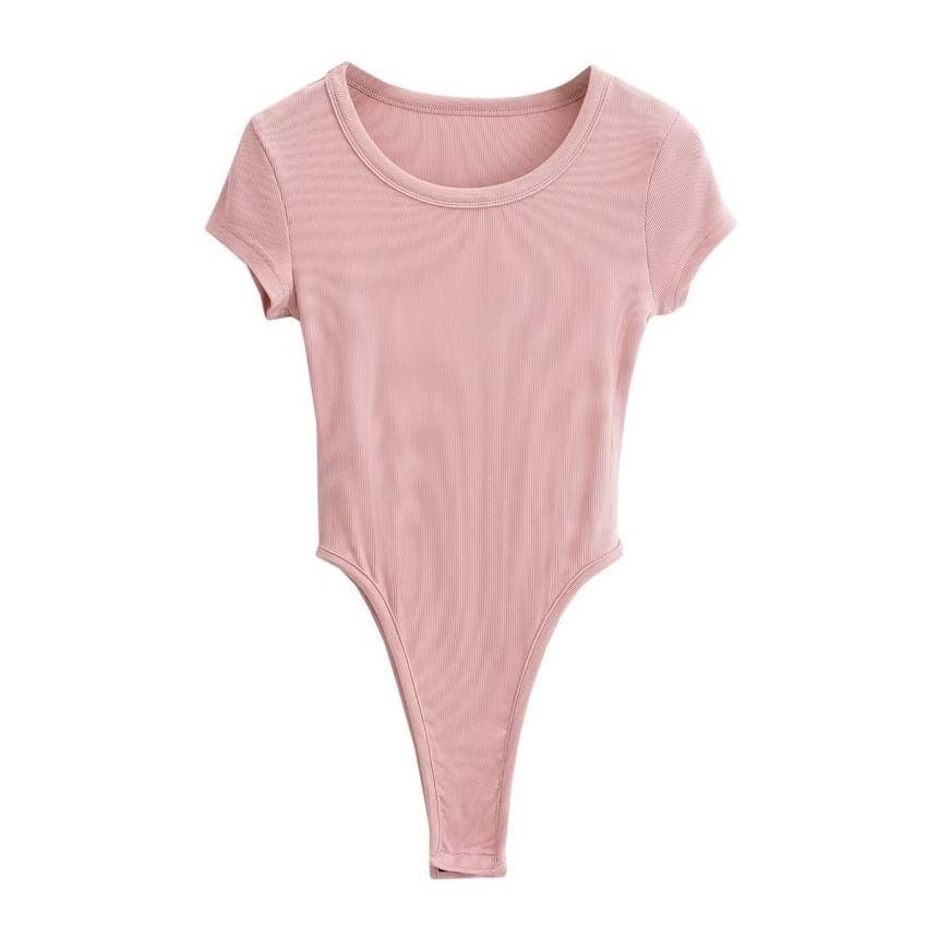 Short-Sleeve Round Neck Plain Ribbed Bodysuit Top Product Image