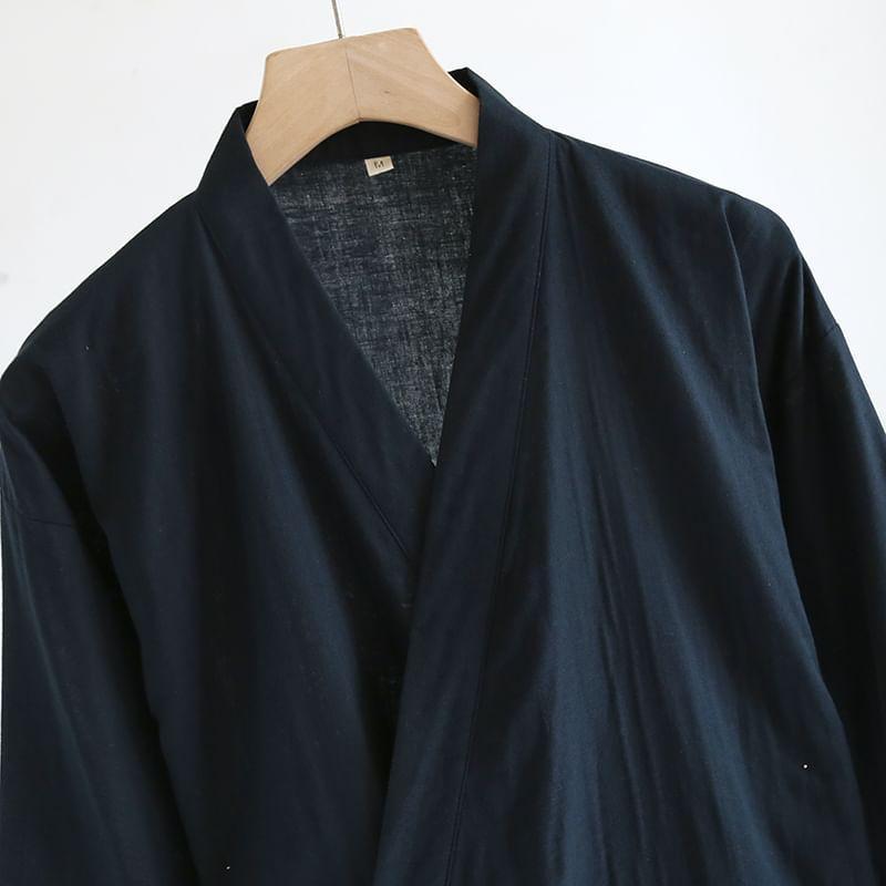 3/4-Sleeve V-Neck Plain Pajama Robe Product Image