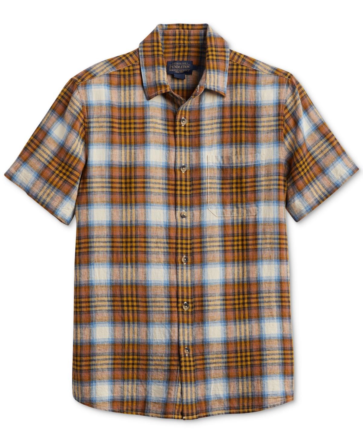 Pendleton Dawson Linen Shirt Short Sleeve (Tan/Indigo Plaid) Men's Jacket Product Image