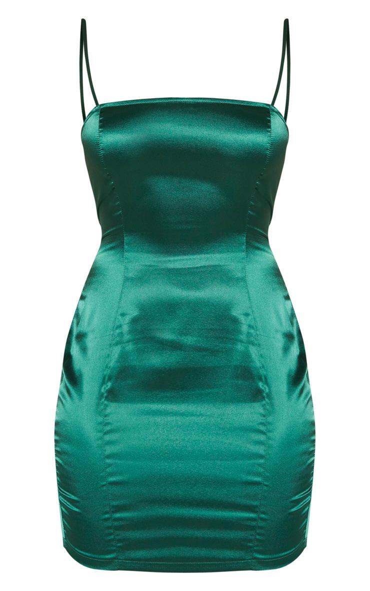 Petite Emerald Green Satin Strappy Straight Neck Bodycon Dress Product Image