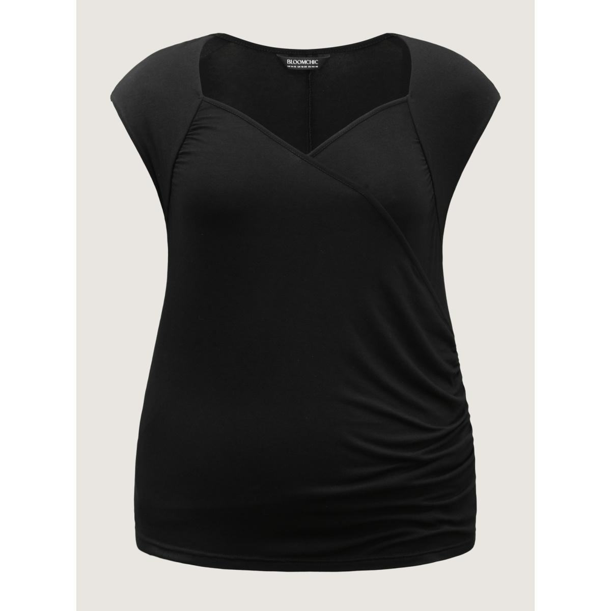 Plus Size Overlap Knit Sweetheart Neck T-Shirt Black Women Timeless Overlap Collar Elegant T-shirts BloomChic 28/5X Product Image