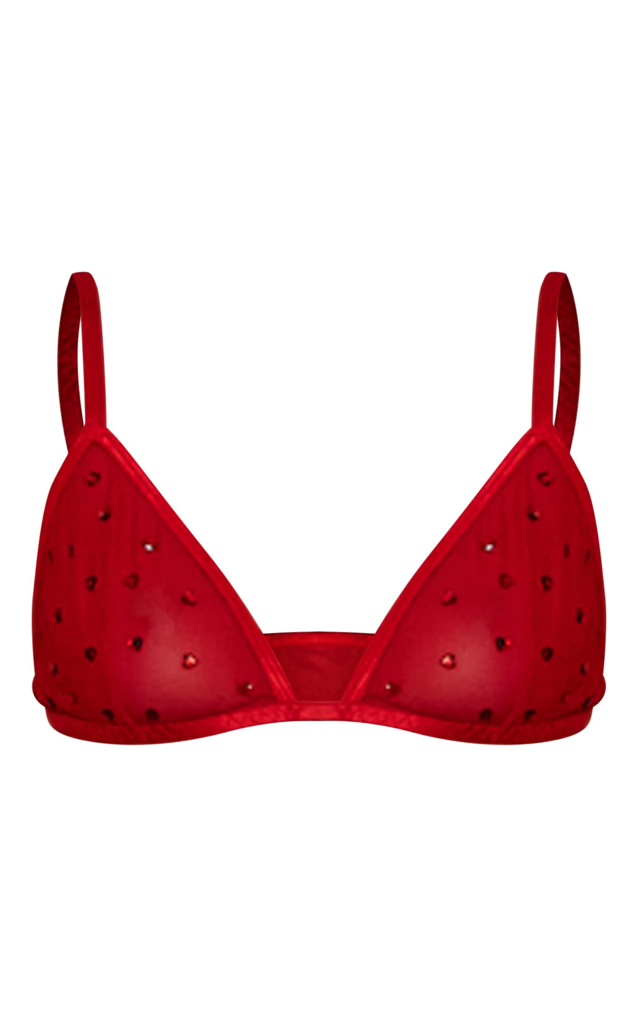 Red Mesh Diamante Heart Triangle Bra Product Image