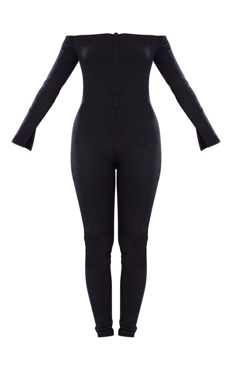 Black Off The Shoulder Button Front Ribbed Jumpsuit Product Image