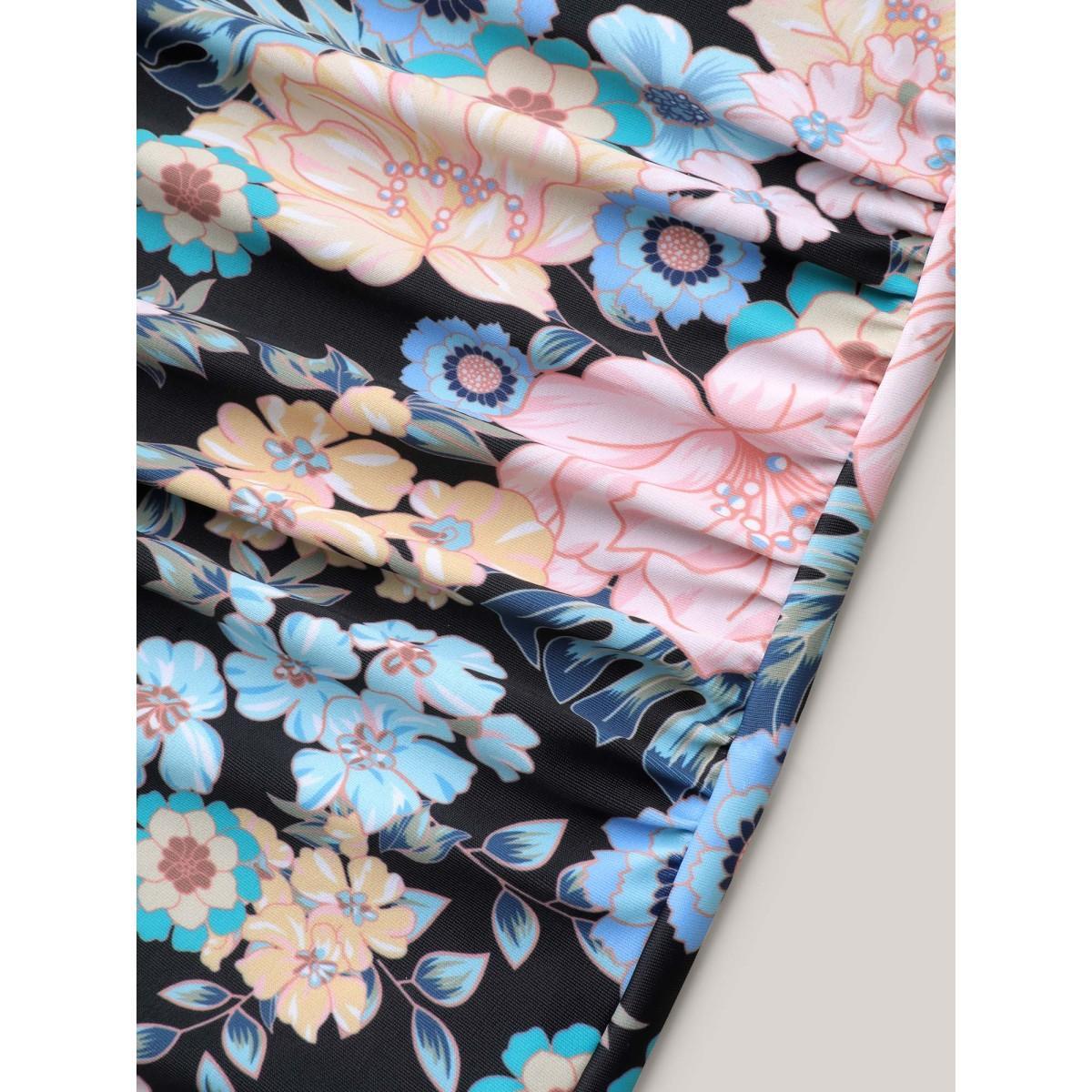 Plus Size Floral Print Drawstring One-Piece Swimsuit Women's Swimwear Black Resort Drawstring Curve Bathing Suits High stretch One Pieces BloomChic 30/6X Product Image