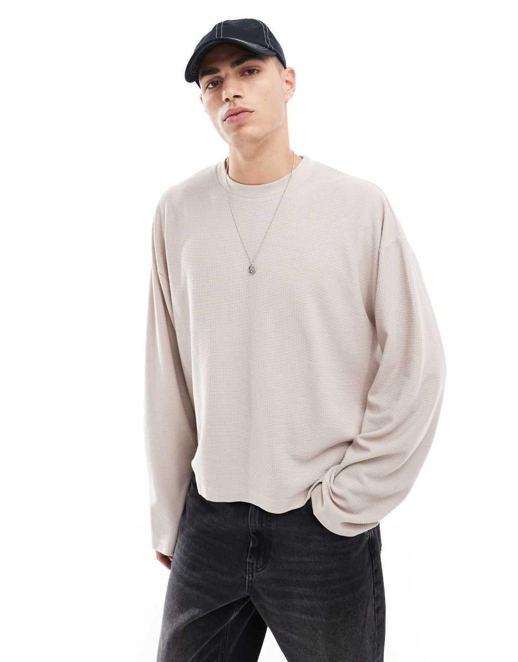 ASOS DESIGN boxy oversized long sleeve t-shirt in beige waffle texture with sport text back print Product Image