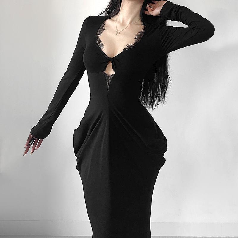 Long-Sleeve V-Neck Plain Cutout Lace Panel Maxi Sheath Dress Product Image