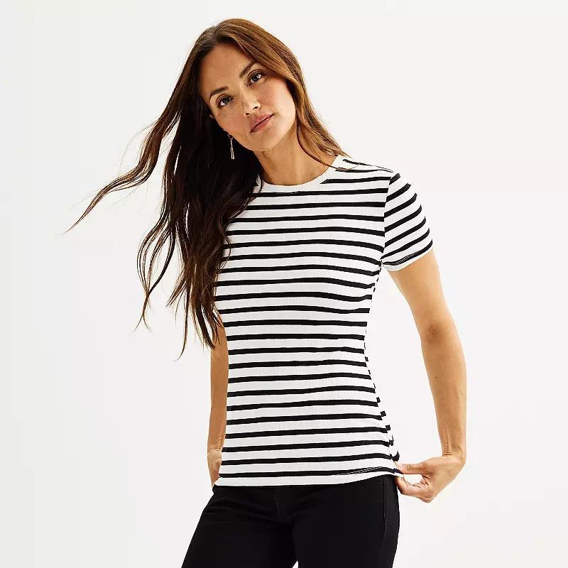 Women's Nine West Fitted Ribbed Crewneck Top, Size: Medium, Black White Product Image