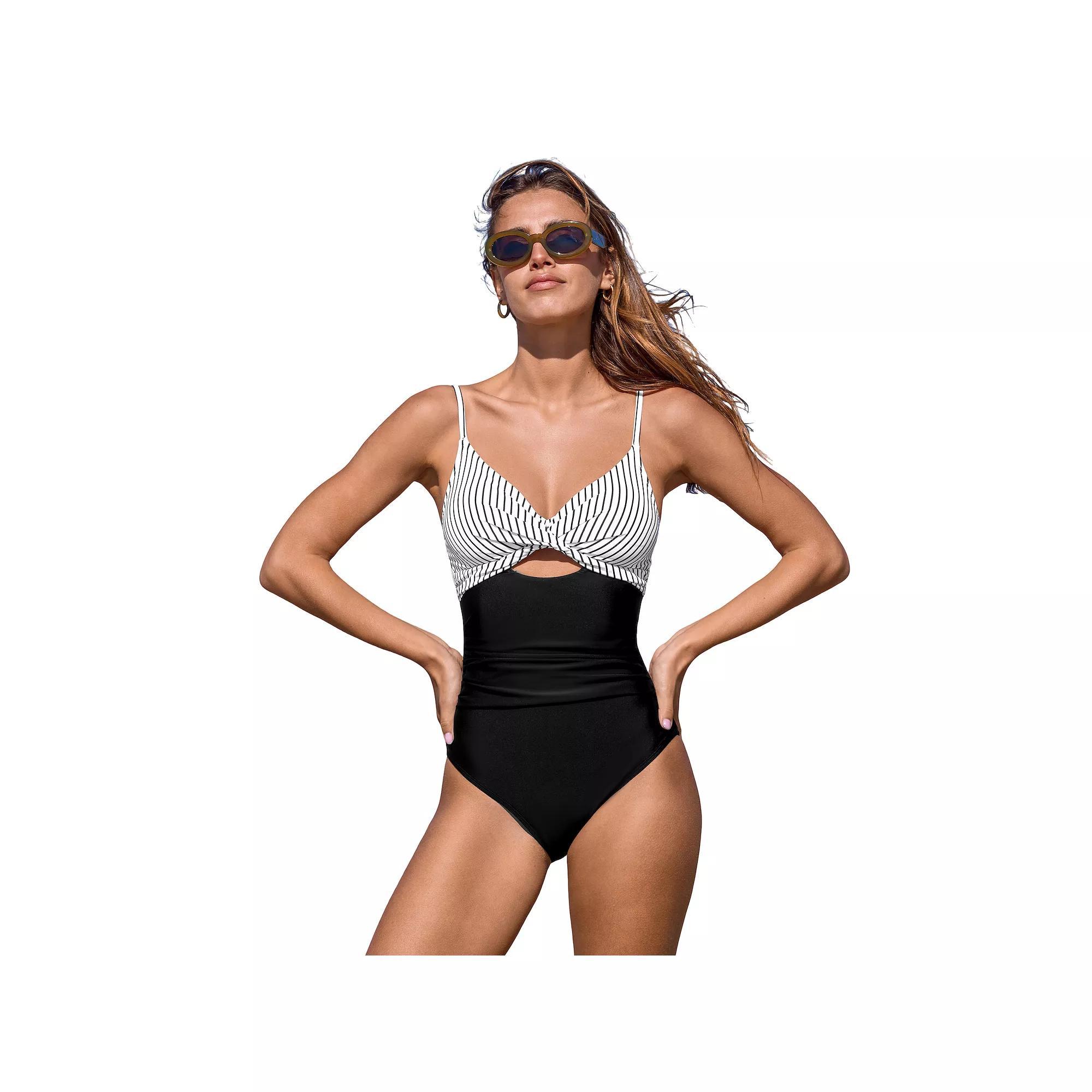 Women's Cupshe Twist Front Cutout Ruched One-Piece Swimsuit, Size: XL, Black Product Image