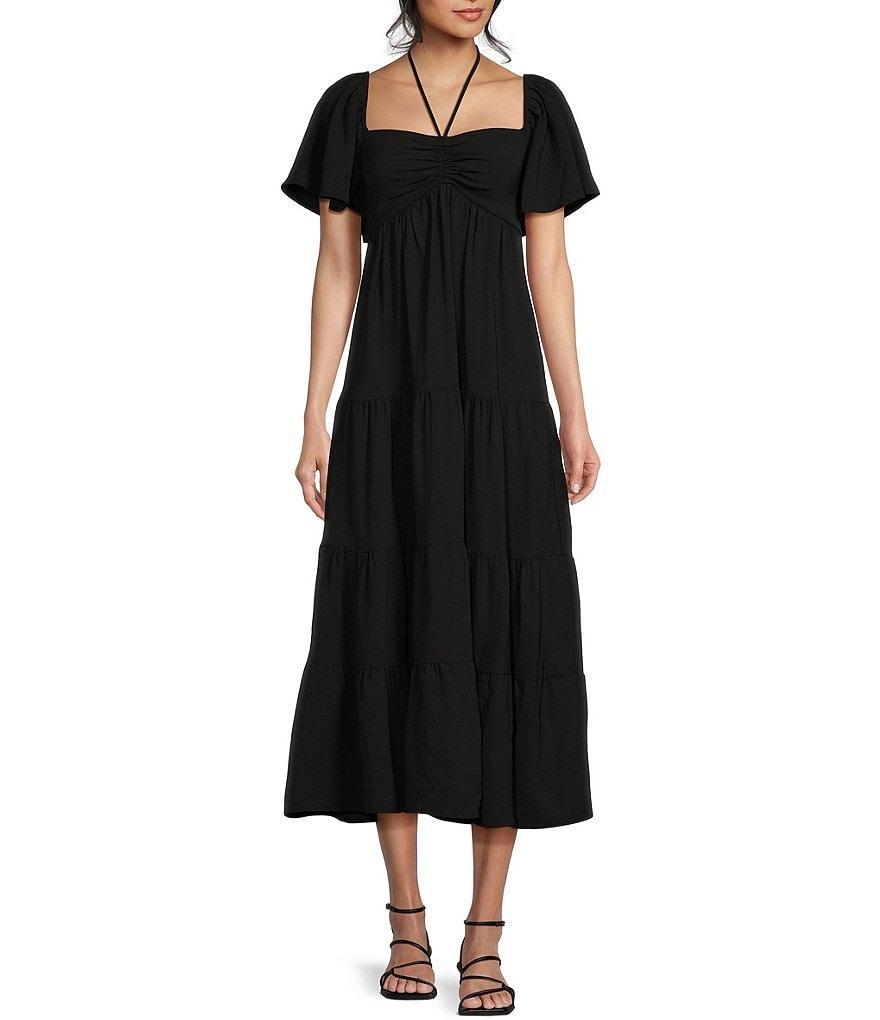 GB Tie Neck Short Sleeve Tiered Maxi Dress Product Image