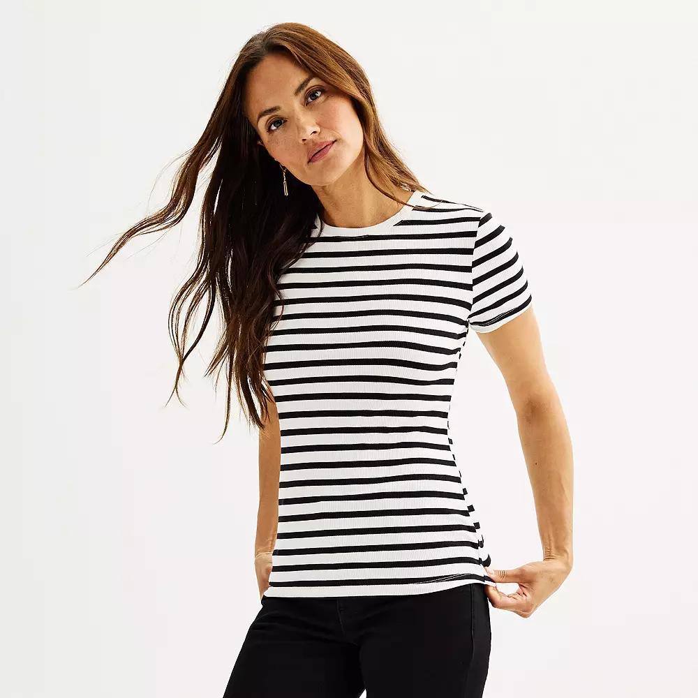Women's Nine West Fitted Ribbed Crewneck Top, Size: Medium, Black White Product Image