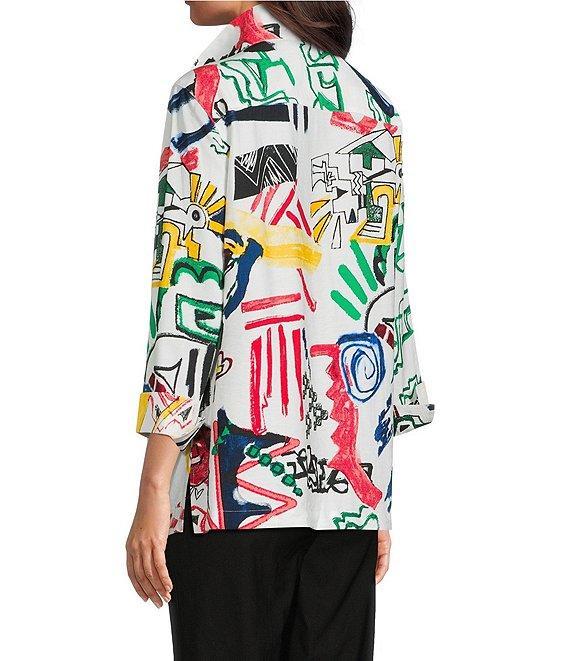 Ali Miles Woven Abstract Doodle Print Wire Collar 3/4 Sleeve Button Front Tunic Product Image