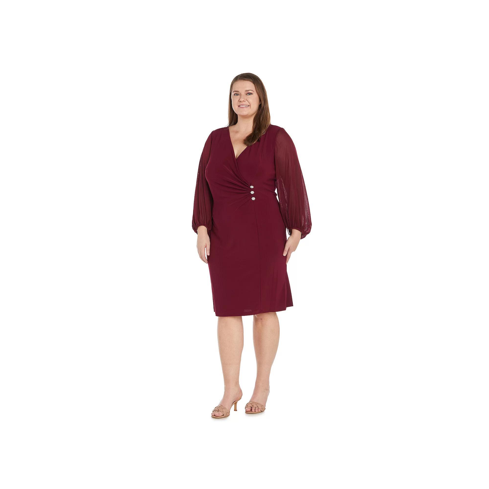 Plus Size R&M Richards Blouson Sleeve Surplice Wrap Dress With Rhinestone Button Detail, Womens Product Image