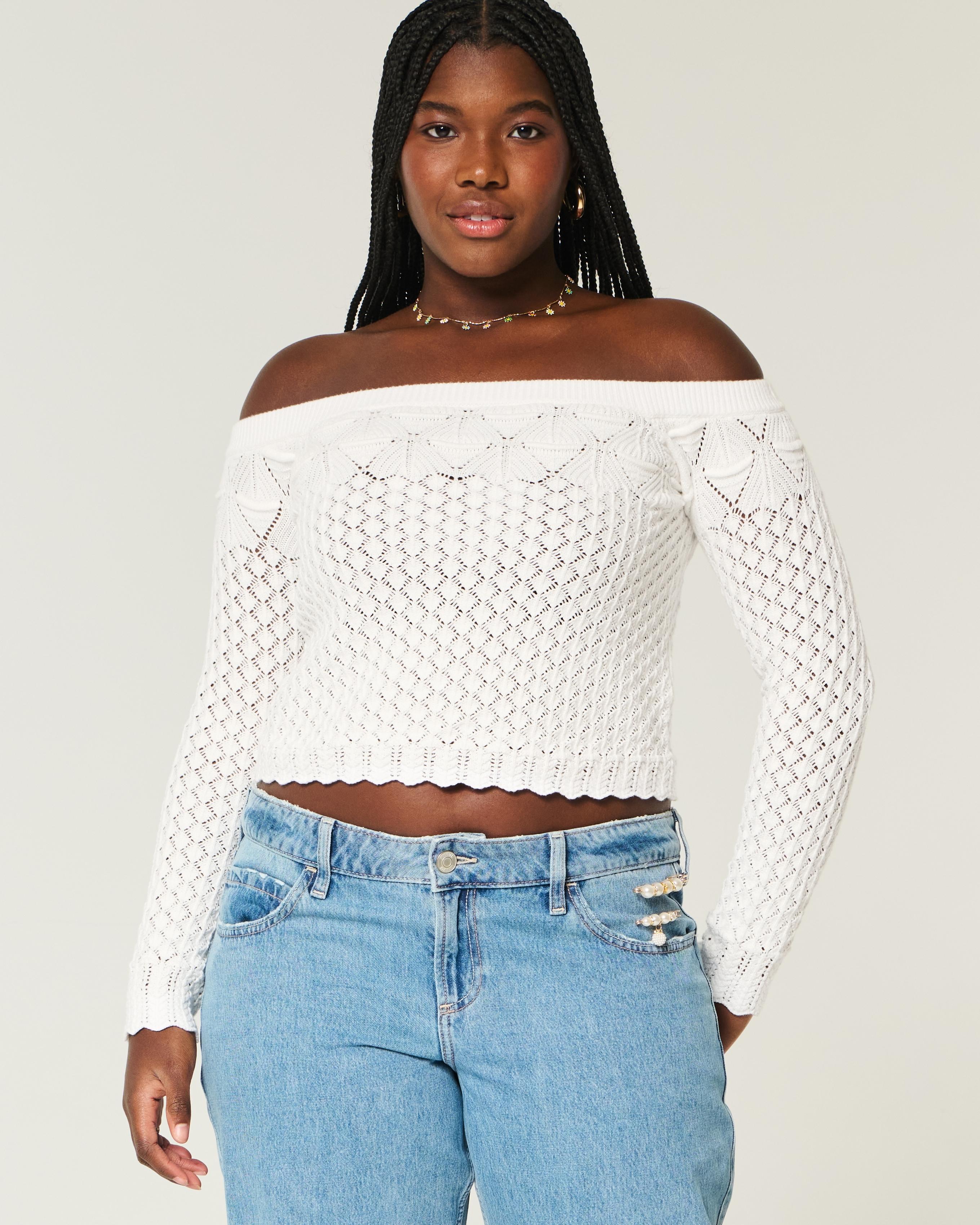 Stitchy Crochet-Style Off-the-Shoulder Sweater Product Image