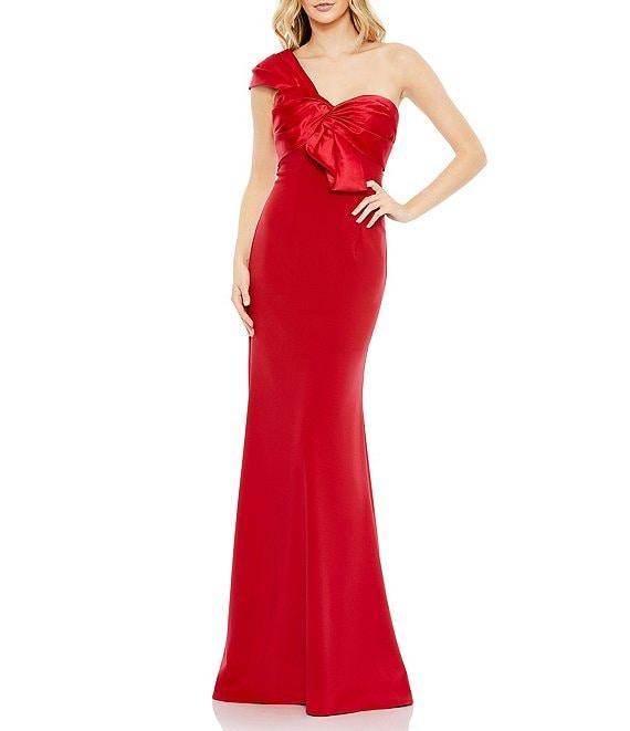 Mac Duggal Satin Tie Front Detail One Shoulder Sleeveless Draped Trumpet Gown Product Image