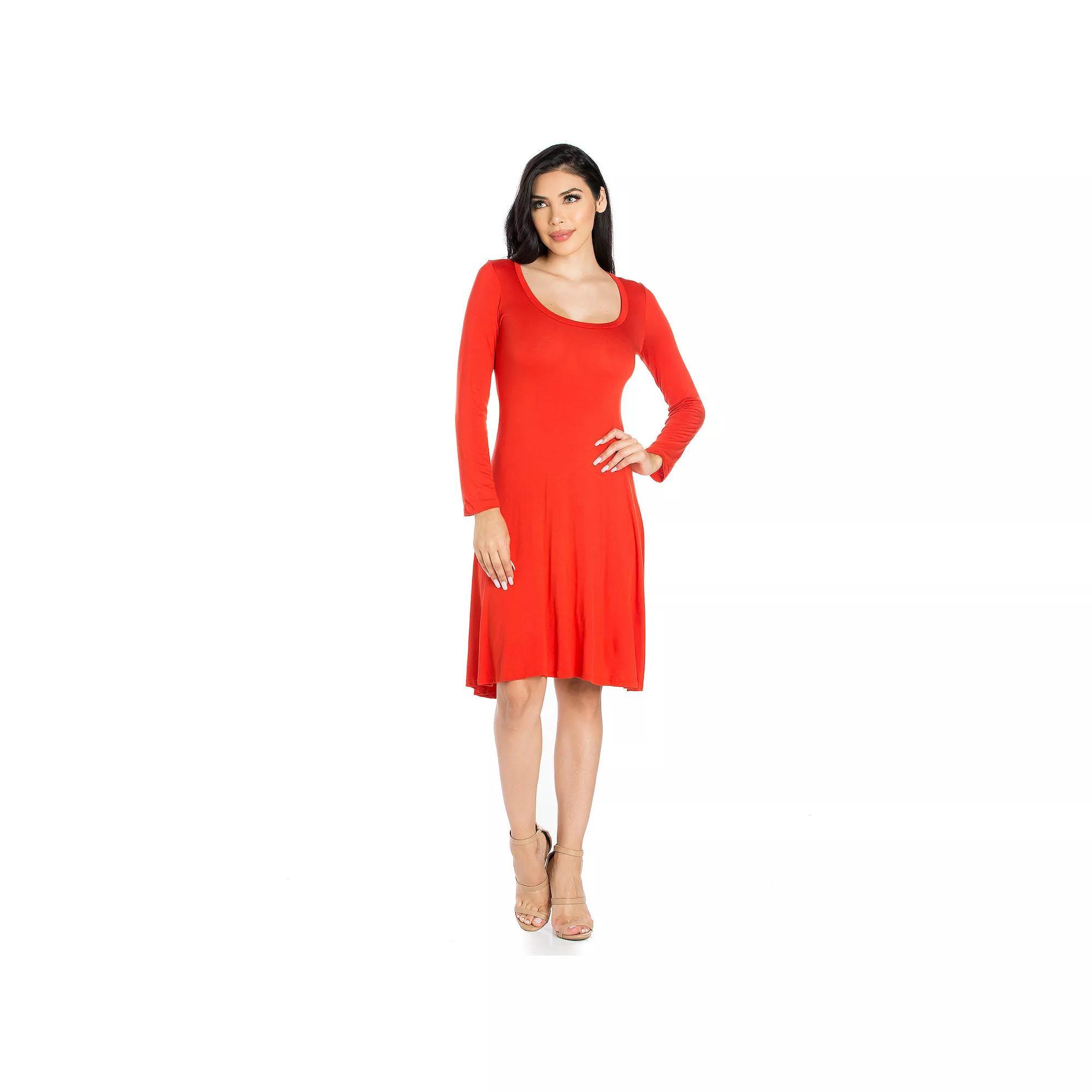 Women's 24seven Comfort Apparel Classic Scoopneck Long Sleeve Flared Mini Dress,  Product Image