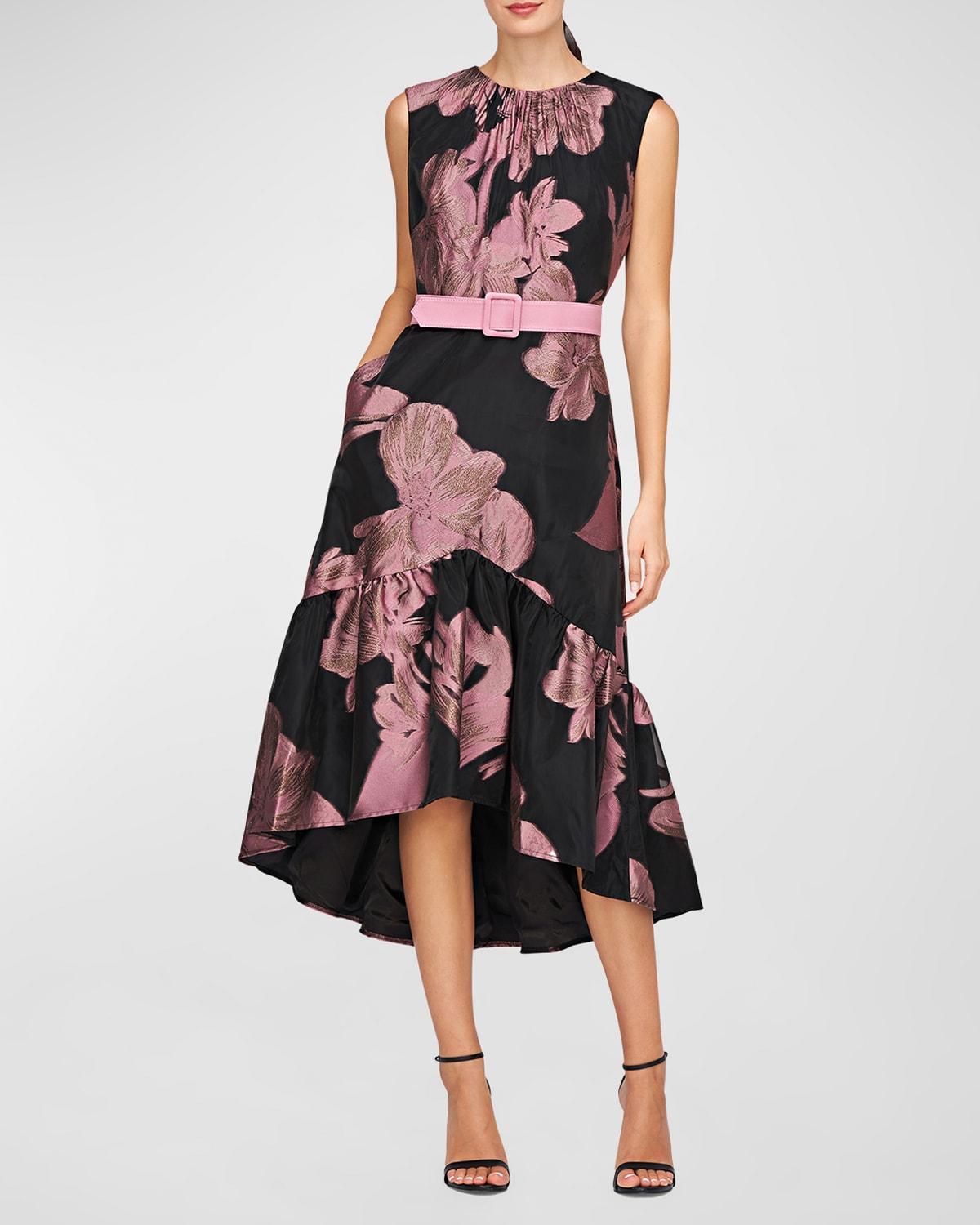 High-Low Belted Floral-Print Midi Dress Product Image