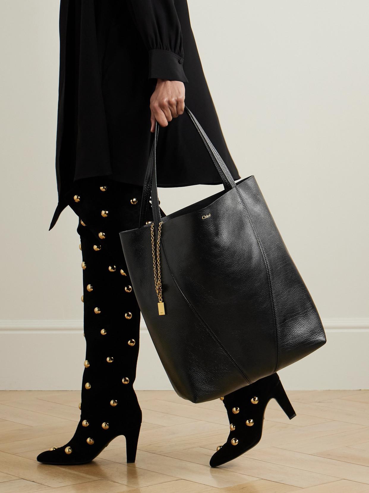 CHLOÉ Spin Embellished Paneled Textured-leather Tote In Black Product Image