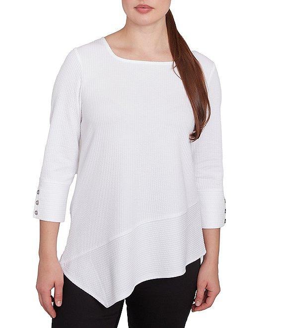 Ruby Rd. Knit Cable Stripe Square Neck 3/4 Sleeve Asymmetric Hem Top Product Image