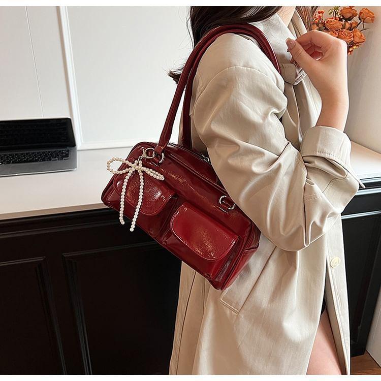 Set: Plain Faux Leather Shoulder Bag + Bag Charm Product Image