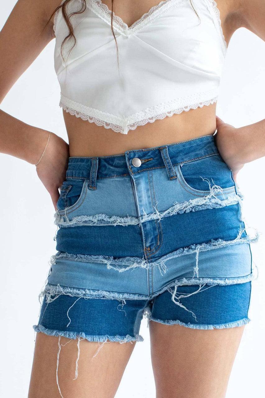 Patchwork Denim Shorts 1 Product Image