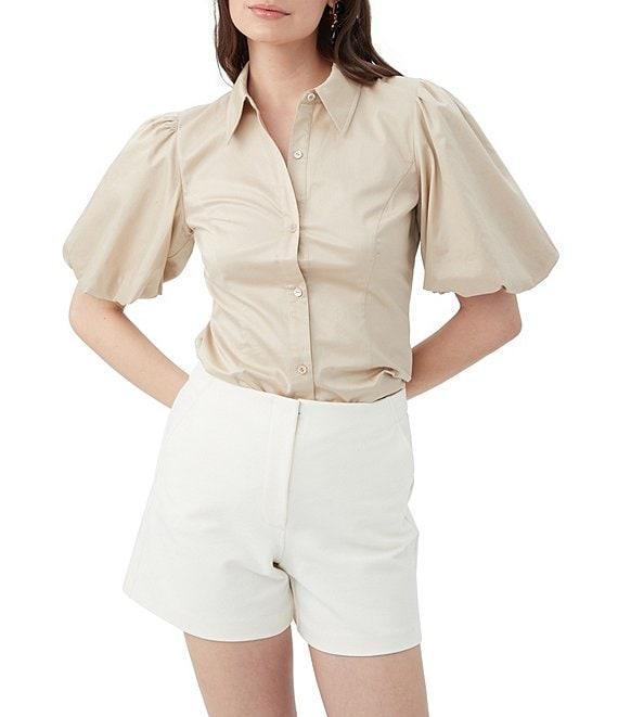 Trina Turk Kari Sateen Point Collar Short Puff Sleeve Button Down Top Product Image