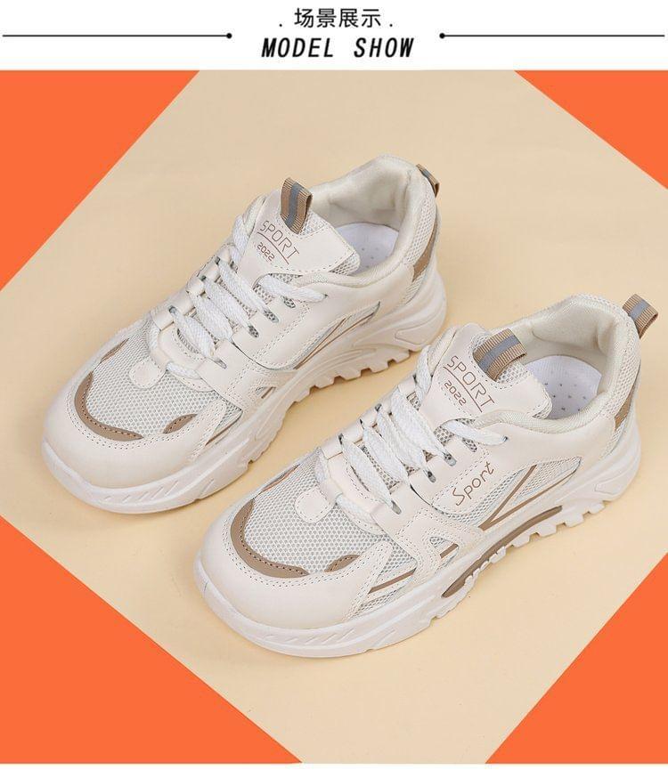 Platform Mesh Panel Lace-Up Faux Leather Sneakers Product Image