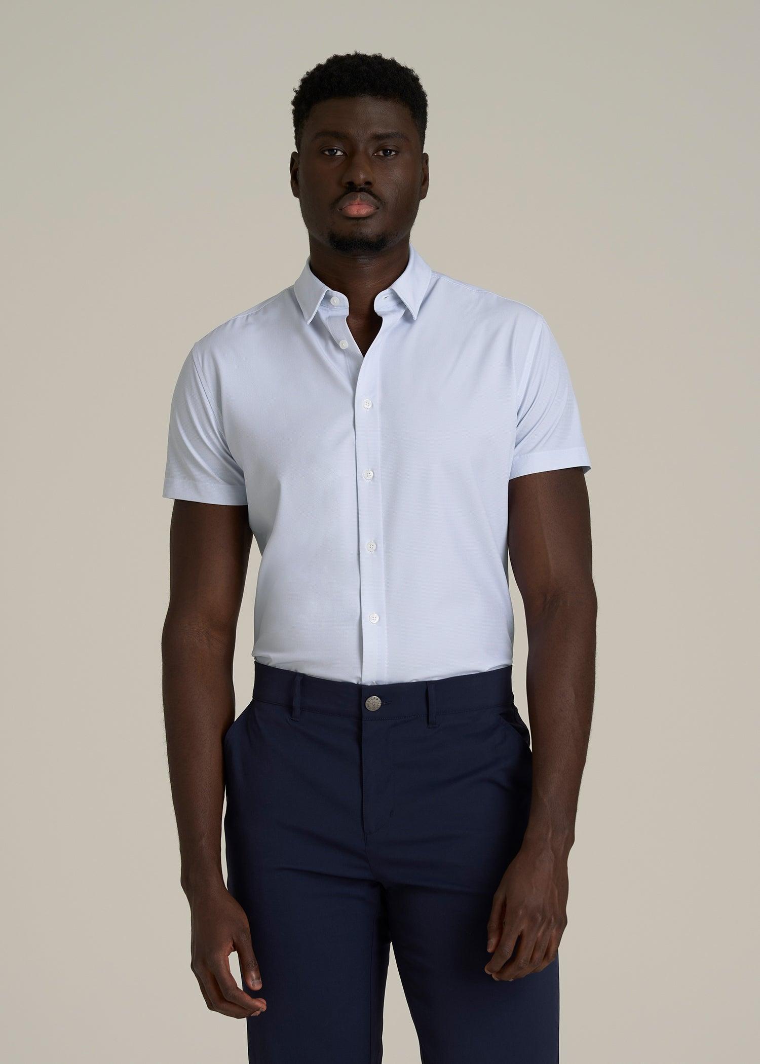 Short Sleeve Traveler Stretch Button Shirt for Tall Men in Light Grey Chevron Male Product Image