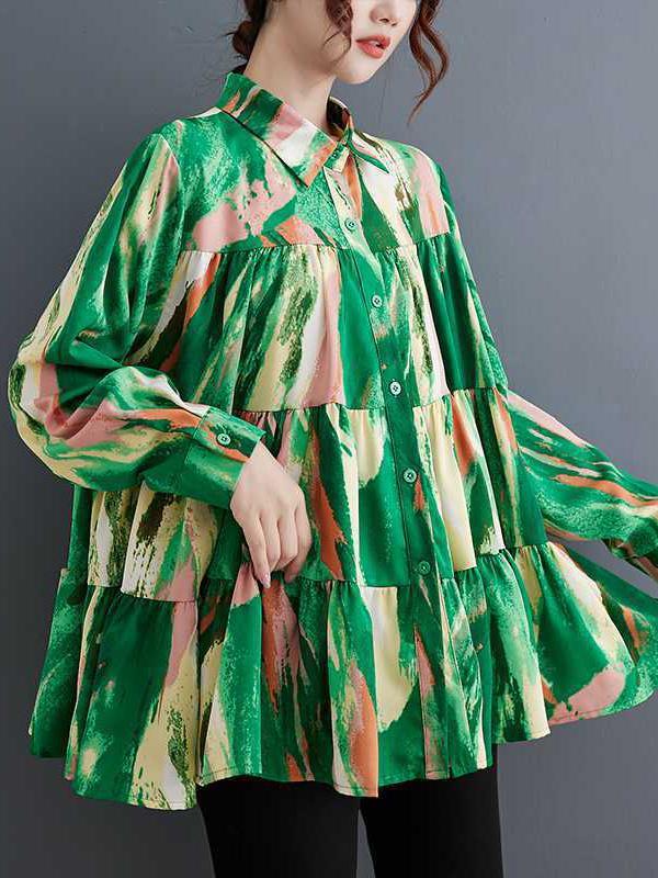 Long Sleeves Loose Pleated Printed Split-Joint Lapel Blouses Product Image