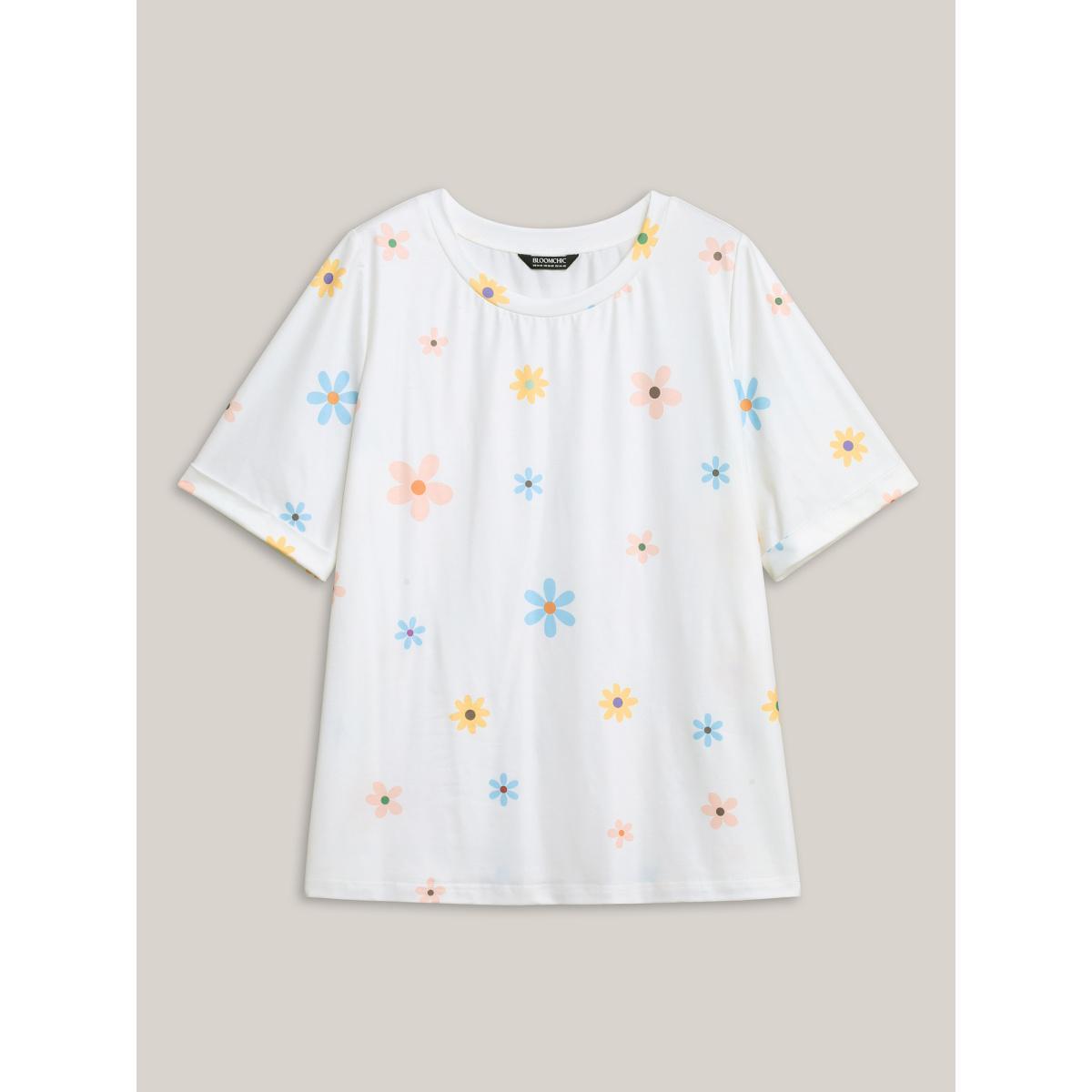 Plus Size Stretchy Floral Print Round Neck T-Shirt WhiteSmoke Women Roll Hem Round Neck Everyday-Casual T-shirts BloomChic 14-16/1X Product Image