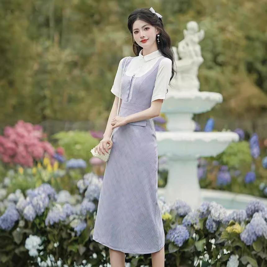 Mock Two-Piece Short-Sleeve Collar Plaid Panel Midi A-Line Dress Product Image