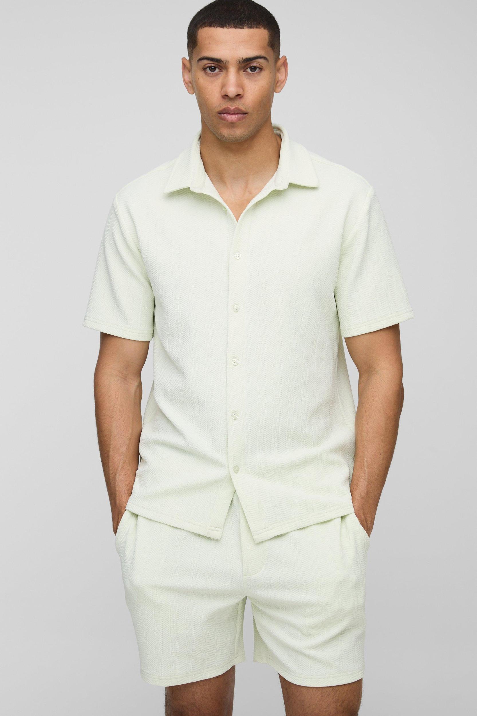 Regular Fit Jersey Herringbone Shirt And Short Set | boohooMAN USA Product Image
