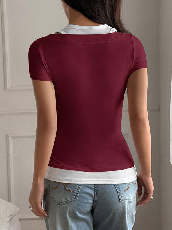 False Two Short Sleeves Buttoned Contrast Color Halter-Neck T-Shirts Tops Product Image