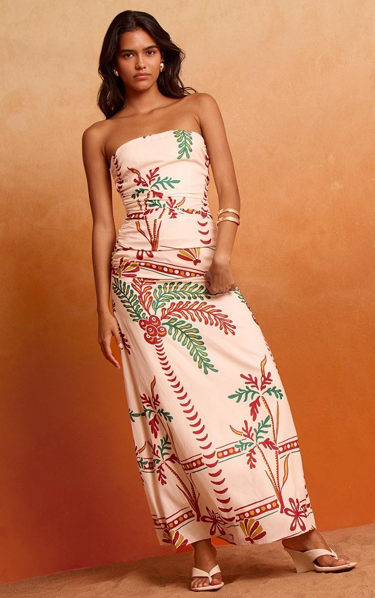 Cream Printed Bandeau Ruched Detail Maxi Dress Product Image