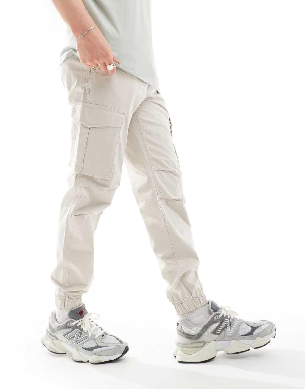 Jack & Jones relaxed fit cuffed cargo pants in beige  Product Image