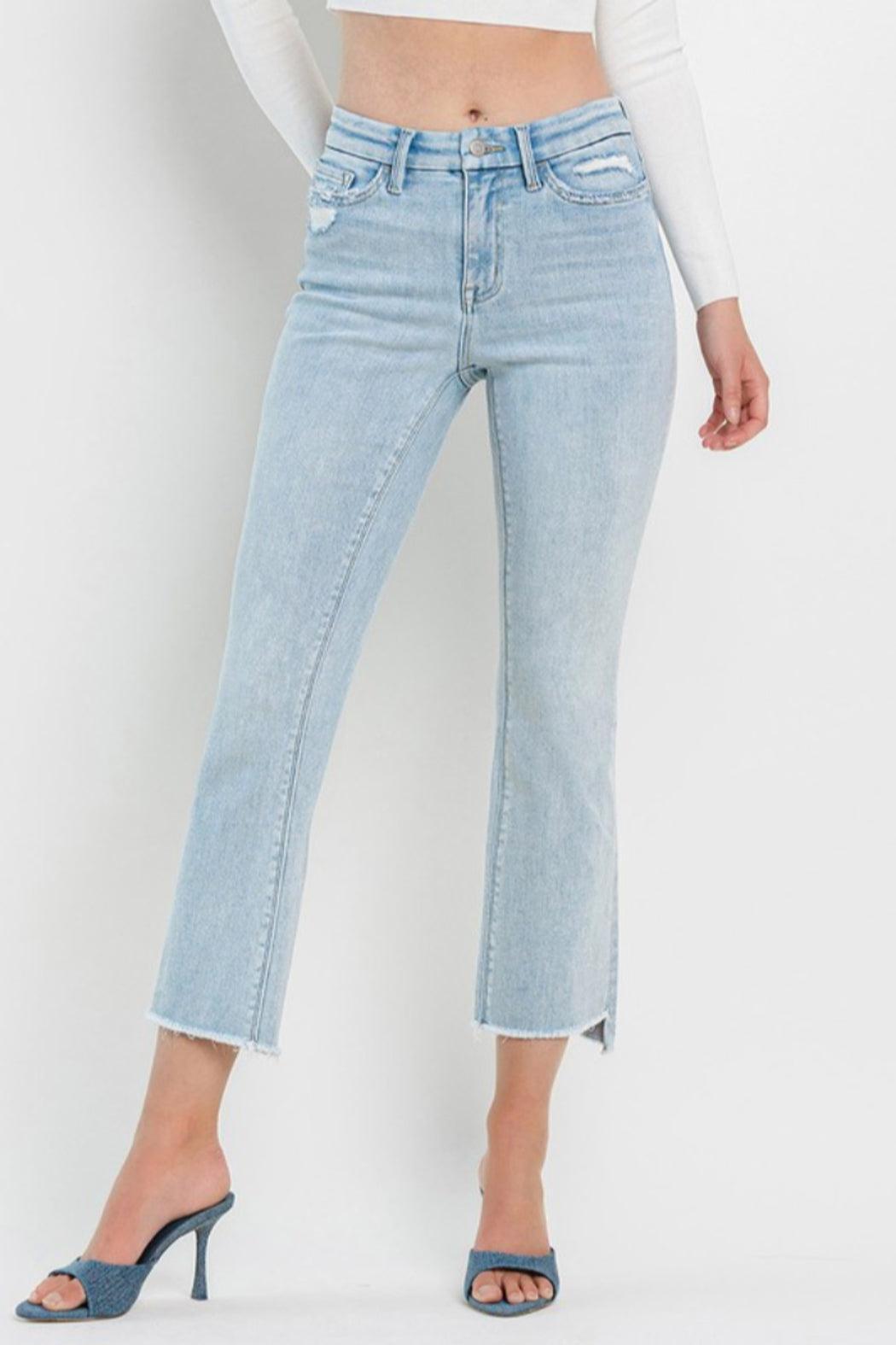 High Rise Slant Raw Hem Crop Flare Jeans Product Image